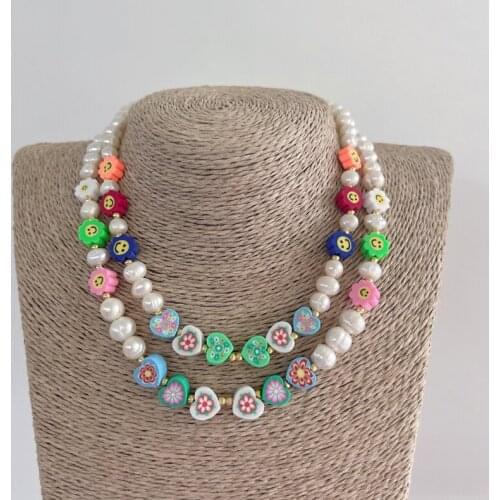Wholesale Dainty Rainbow Gold Plated Brass,Pearls, Soft Polymer Clay Beads Necklace Jewelry