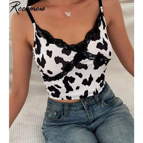 Rockmore Milk Cow Printed Camis Bow Lace Patchwork Sexy Spaghetti Straps Off Shoulder Summer Tank Tops Street Wear Nightclub Top