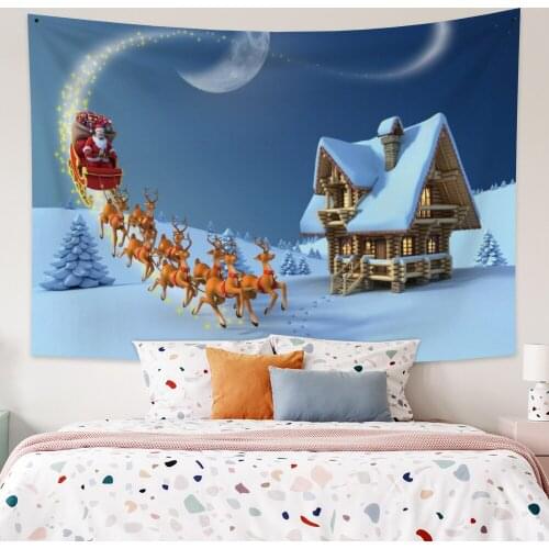 Christmas Sleigh with Santa Tapestry Vintage Exotic Summer Plant Nature Frame for Bedroom Photography Wall Decor