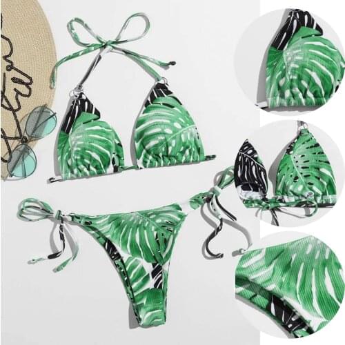 S-XXL Ladies Female Sexy Leaf Print Three-point Split Bikini Swimsuit בגדי ים נשים Plant print beach party Sexy bikini Lively F4