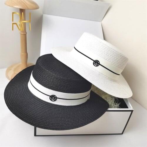 Spring Summer Flat Top Straw Hat Female Classical Flat Brim M Brand Beach Sun Hat Casual Ladies Elegant Hat