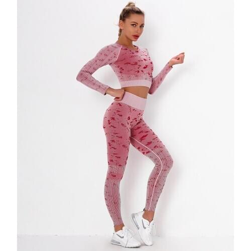 Seamless Yoga Set Women Long Sleeves Jacquard Weave Sportswear Running Gym Workout 4 Colors Sports Suit Leggings Tops Suit