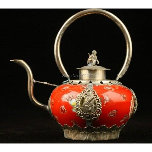 Decoration Collectibles HANDWORK TIBET SILVER WITH RED CERAMIC MONKEY TEAPOT Handwork Statue Tibet Miao Antique Old Silver