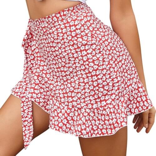 Flower Print Women Skirt New Summer Short Slim Fashion Sexy Skirt Belt Decoration Ruffles Streetwear Female Skirts