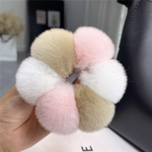 Women Cute Real Rex Rabbit Plush Ball Flowers Elastic Rubber Band Hair Rope PatchWork Color Hair Ring Girls Headband Accessories