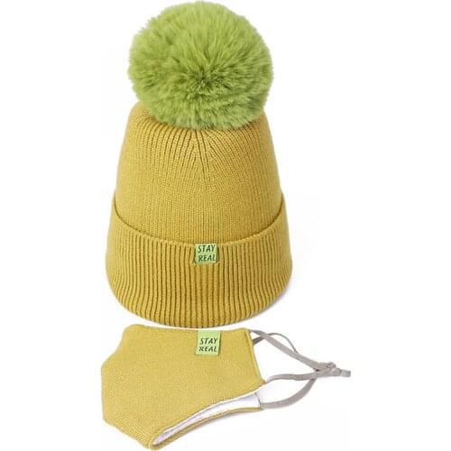 2021 new woman Autumn And Winterr pompon hat and mask suit windproof outdoor warm knitted hat face protection suit cap