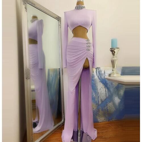 Lavender High Neck Beads Crystals Satin Prom Dresses Sexy High Slit Mermaid Evening Dresses Women Pageant Gowns Custom Made