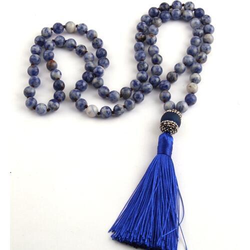 Fashion Bohemian Tribal Jewelry Blue Stones Beads Knotted Long Tassel Necklaces For Women Ethnic Necklace