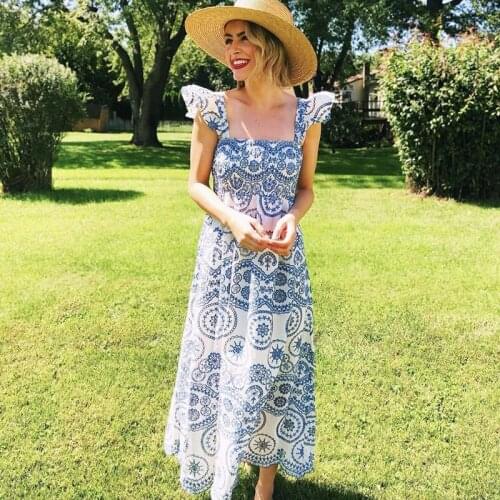 Summer Embroidery Dresses for Women 2021 Square Neck Backless Sexy Split Boho Dress Ruffled Strap Smocked Bodice Dress Jurk