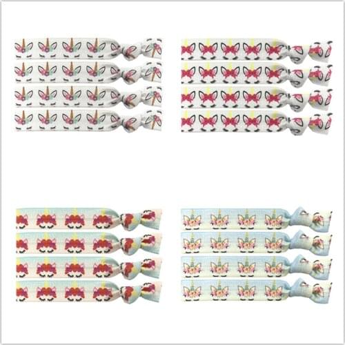 4 Colors 40pcs Rainbow Unicorn Prints Elastic Hair Band Knotted Hair Tie Bracelet Bangle FOE Ponytail Holder Hair Accessories