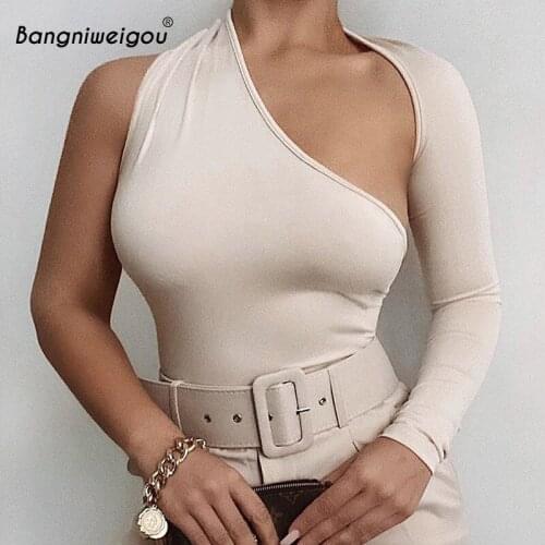 Bangniweigou One Sleeve Wrap Backless Hollow Out Bodysuit Solid Color Bodice Spring Skinny Sexy Leotard Rompers