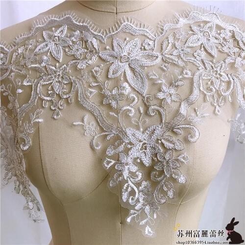 White Lace embroidery fabric Sequins LACE decals flower Applique for DIY Wedding dress DIY width=29cm