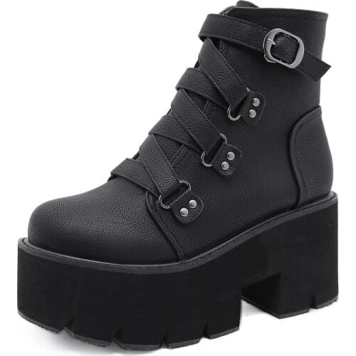 Spring Autumn Ankle Boots Women Platform Boots Rubber Sole Buckle Black Leather PU High Heels Shoes Woman Comfortable998