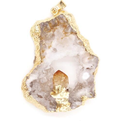 Kraft-beads Light Yellow Gold Color Irregular Shape Rock Crystal Inlay Yellow Citrines Geode Pendant Unique Jewelry