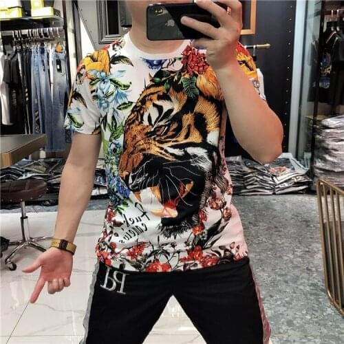 Spring Summer Korean Mens Luxury Color Slim Fit Hot Printing Drilling Animal Trend Brand Rhinestones Short Sleeve T-Shirt