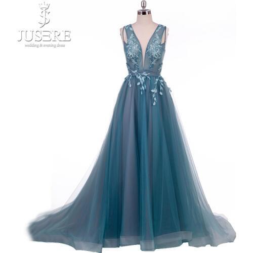 Cyan Evening Dress Blue Green V neck Illusion Bodice Tank Lace up Back A line Tulle Prom Dress Long 2018 Real Work Appliques