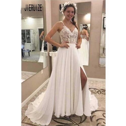 JIERUIZE 2020 Beach Wedding Gowns Sexy Split Front Spaghetti Strap Lace Bridal Dresses Criss Cross Back Vestido De Noiva