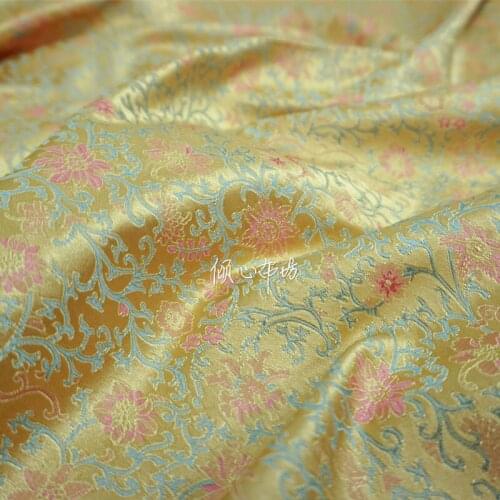Chinese Classics Brocade jacquard Satin light yellow silk fabric Satin de soie Satén шелк hanfu cloth DIY patchworkbag