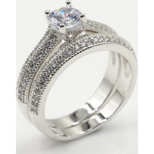 Size 5-12 Hot Sale Stunning Luxury Jewelry 925 Sterling Silver Round Cut White Clear 5A Cubic Zirconia Wedding Bridal Ring Set