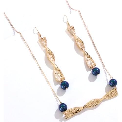 KOMI Polynesian Hawaiian Pohnpei Chuuk Marshall Style Glass Pearls Twisted Alloy Necklace Pendant Earrings Jewelry Set