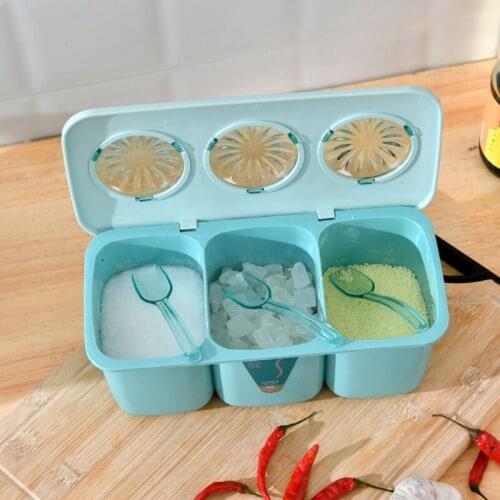 3 Grids Compartment Seasoning Box with Spoon and Clear Cover Storage Container Spice Jar Can Pot Condiment Organizer