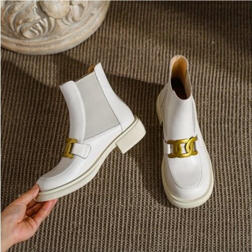 Chelsea Short Boots Womens Shoes British Style Autumn and Winter Genuine Leather Round Toe Lace Up Thick Heel Metal Buckle