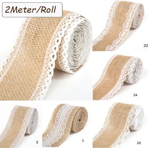 2Meters/Roll Natural Burlap Ribbon Roll with White Lace Trims Tape for Rustic Wedding Decor DIY Crafts Gift Packaging Ribbon