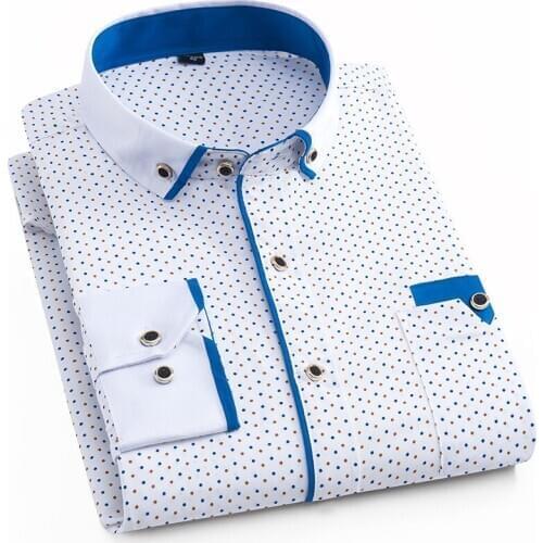 Fashion patchwork Polka dots mens long sleeve casual shirts button collar print/floral slim fit soft male tops 11color S to 4xl