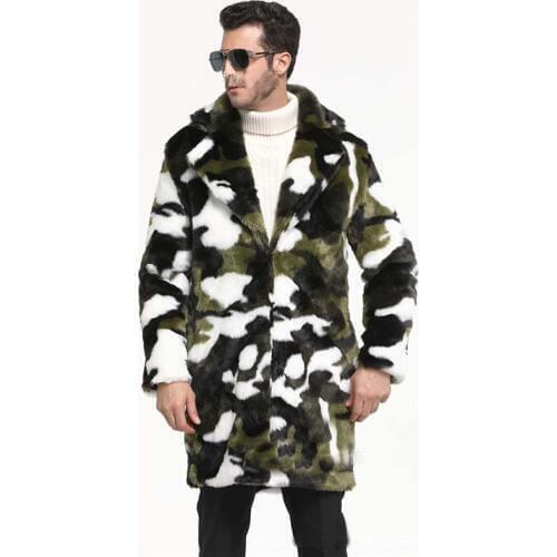 2018 Hot New MenS Winter Camouflage Suit Collar Warm Faux Rabbit Fur Long Coat Leopard Mens Jacket Loose Casual Male Overcoat
