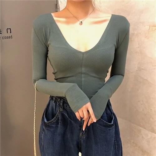 Autumn and winter long-sleeved sweaters womens sense of low chest deep V-shirt Slim elastic all-match European and American