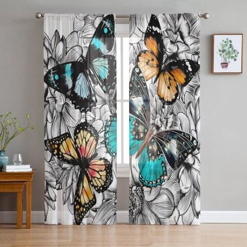 Flower Color Butterfly Sheer Curtains for Living Room Bedroom Kitchen Tulle for Windows Voile Drapes Home Decoration