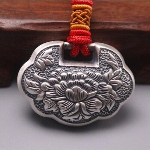 S999 Fine Silver Pendant Women Luck Peony Flower Lock Pendant 40x30mm 12-13g