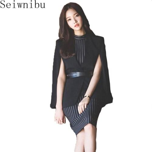 Seiwnibu Spring Autumn women ponchos blazers and jackets + Striped sleeveless Dress two piece set