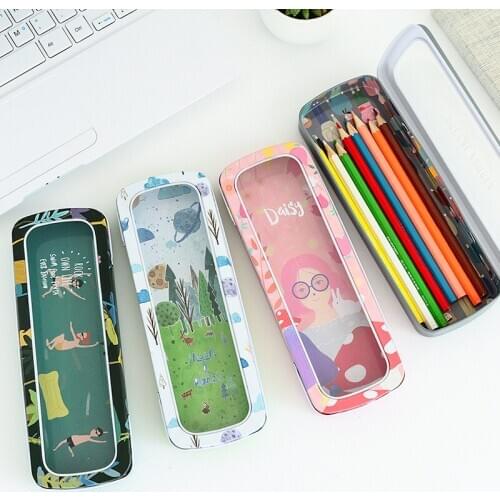 Window-Opening Student Pencil Case Cute Tin Pen Box Stationery Holder Desk Organizer School Supplies Storage Accessories Forest