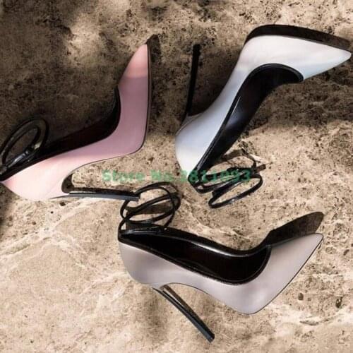 Summer Newest Metal Blade Pumps High Heel Shoe Sexy Shallow Mouth Ankle Strap Woman Pumps Runway Leather Stiletto Heels