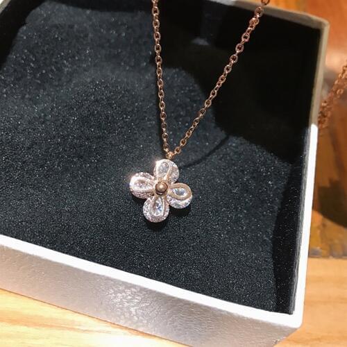 YUN RUO Luxury Zircon Flower Pendant Necklace Woman Stainless Steel Jewelry Gift Rose Gold Silver Color Never Fade Dropship 2019