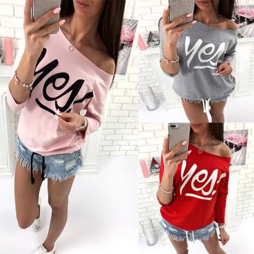 New Fashion Women Sexy Off Shoulder T-shirt Sweatshirt Print 3/4 Sleeve Pullover Tee Round Tops T shirts