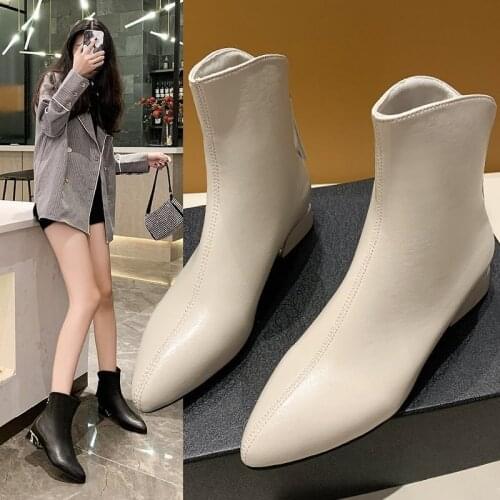 Round toe square heel high heels short boots single boots women autumn and winter shoes zipper black beige fashion boots women