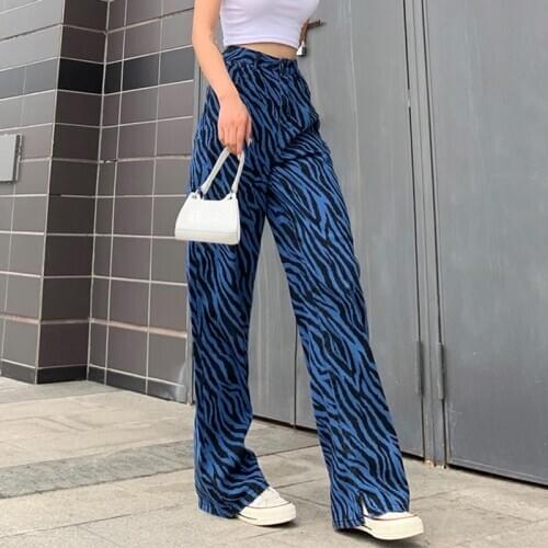 Vintage Zebra Striped Print High Waist Wide Leg Split Hem Blue Baggy Jeans Woman 2020 Straight Trousers Denim Y2k Pants Female