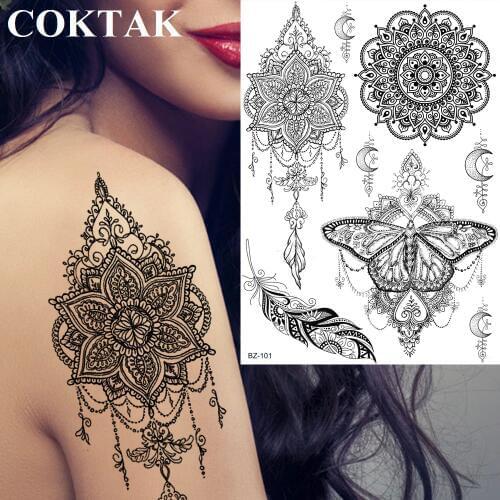 COKTAK Mandala Henna Flower Indians Lace Moth Butterfly Women Temporary Tattoos Black Waterproof Stickers Fake Feather Tatoos