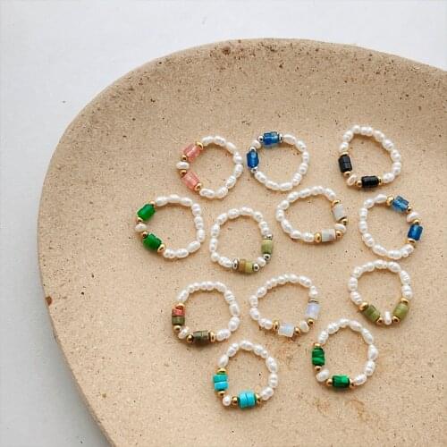 Stainless Steel Beads Freshwater Pearl Natural Stone Rings for Women Strench Rope Wedding Ring Adjustable Party Birthday Gifts