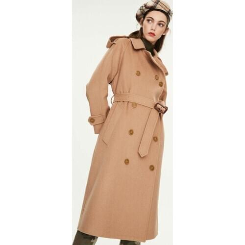 Autumn and Winter Womens Long Woolen Coat Loose Knee-Length Comfortable Wool British Coat Double-breasted Belted Slim Coat