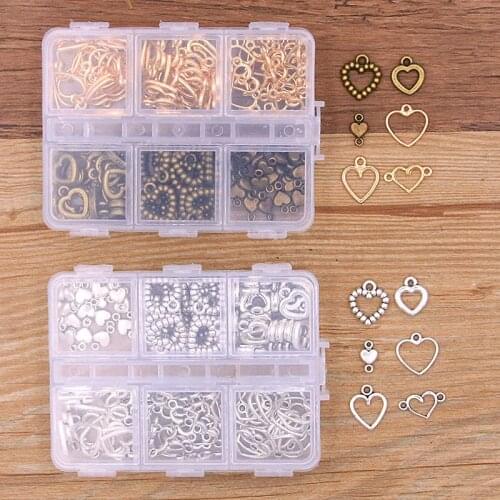 1Set 120Pcs/Lot 3 Color 6 Styles Small Hollow Heart Charm Connector With Box Material For DIY Jewelry Necklace Bracelet Making