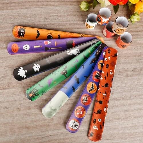 10pcs 22*3cm Mix Color Halloween Slap Bracelet Kids Novelty Ghost Spider Wrap Wristband Halloween Party Toys Birthday Party Gift