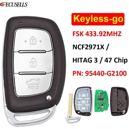 3 Button Keyless-Go Remote Car Key FSK 433.92MHz NCF2971X / HITAG 3 / 47 Chip HY22 for Hyundai Ioniq 2016-2018 P/N: 95440-G2100