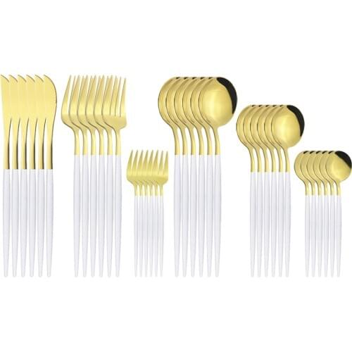 36Pcs/Set White Gold Dinnerware Silverware Knife Cake Fruit Fork Coffee Spoon Cutlery Flatware Set Stainless Steel Tableware Set