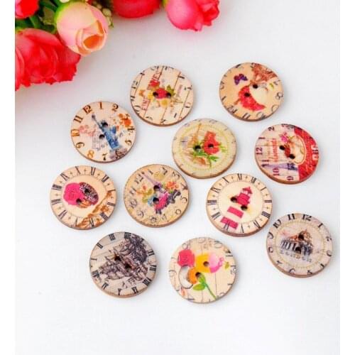 Free Shipping 100Pcs Random Mixed 2 Holes Round 25mm Flower Pattern Wood Sewing Buttons Back Natural Scrapbooking J2937