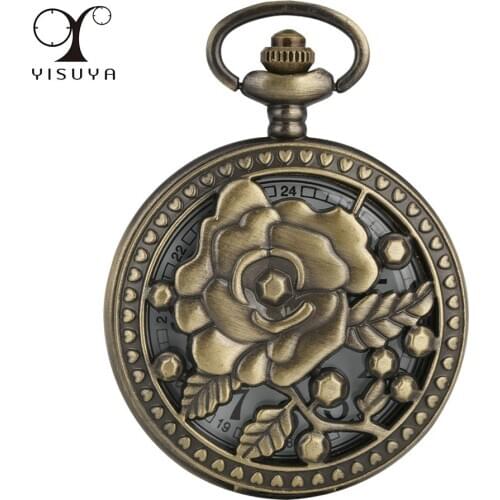 Charm Hollow Rose Design Necklace Pocket Watch Retro Pendant Quartz Pocket Clock with Sweater Chain Unisex Vintage Gifts