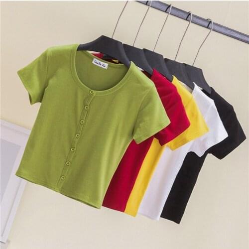 Cotton O Neck Button Female T Shirt Basic Korean Vintage Top Red High Waist Tees Top Casual Solid Color Tee Slim Women Tshirt