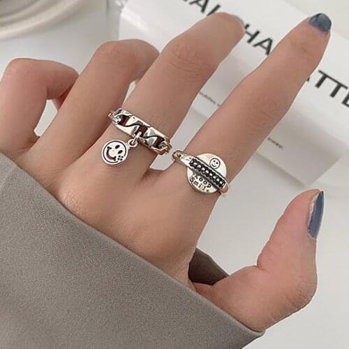 Evimi 925 Sterling Silver Smiley Face Rings New Fashion Vintage Punk Letter Chain Geometric Party Jewelry Gifts for Women